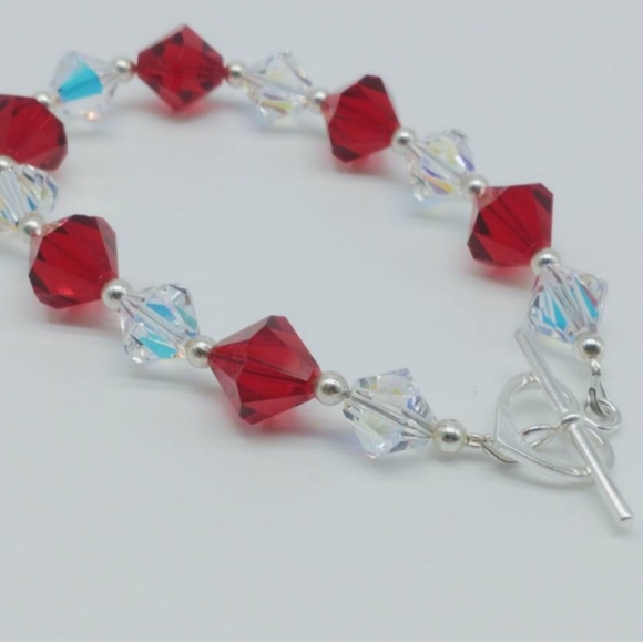 Sterling Silver Swarovski Crystal Red White Toggle Bracelet - Picture 5 of 5